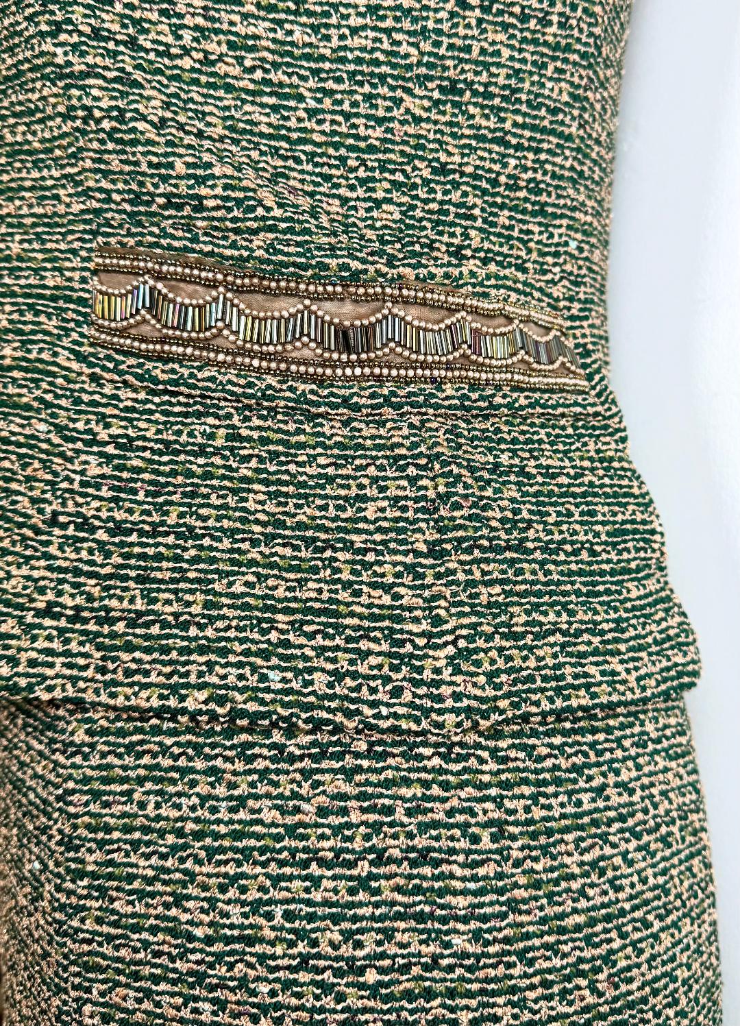 St. John Couture Jacket and Skirt Set in Green/Gold Metallic Knit - Size 4