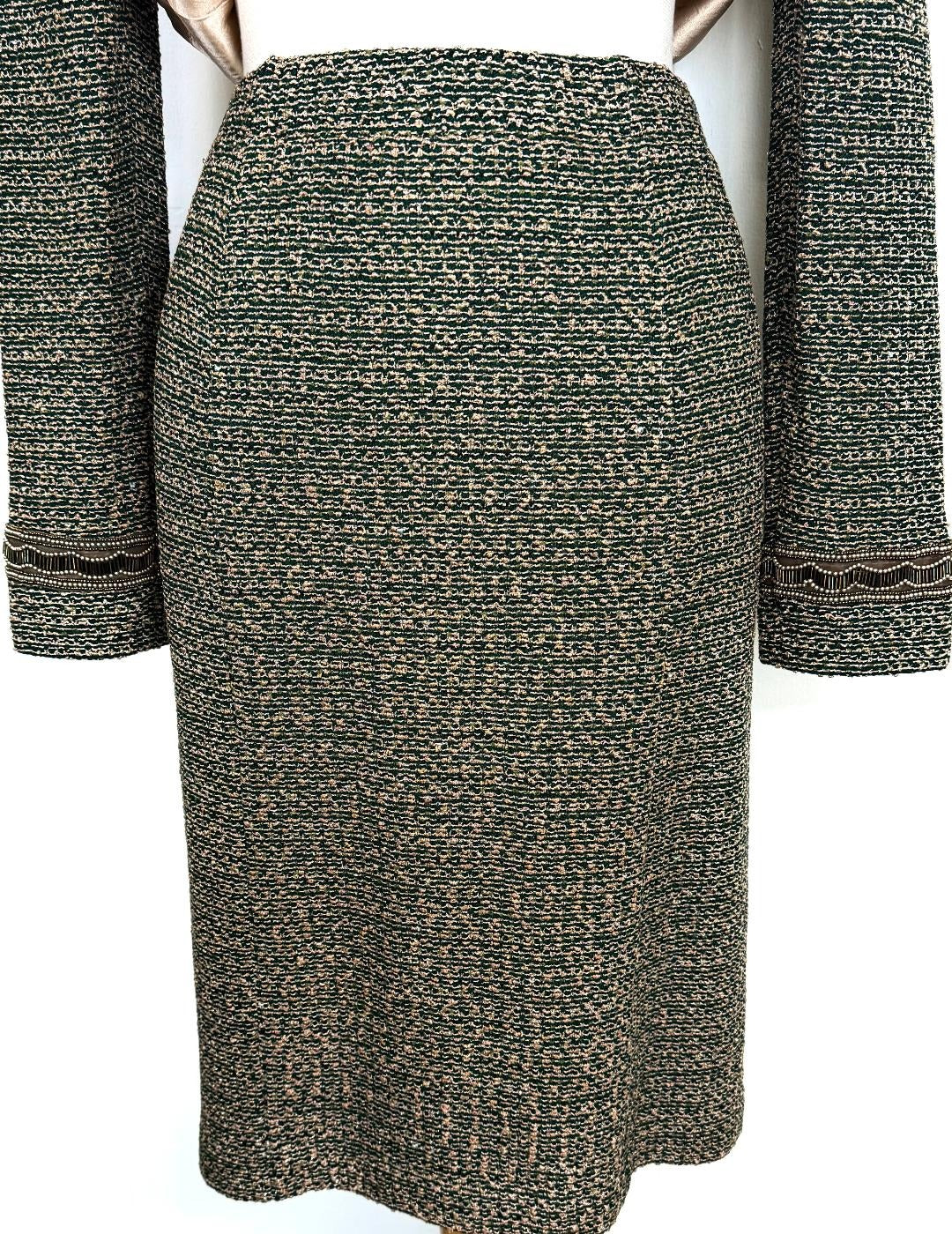 St. John Couture Jacket and Skirt Set in Green/Gold Metallic Knit - Size 4