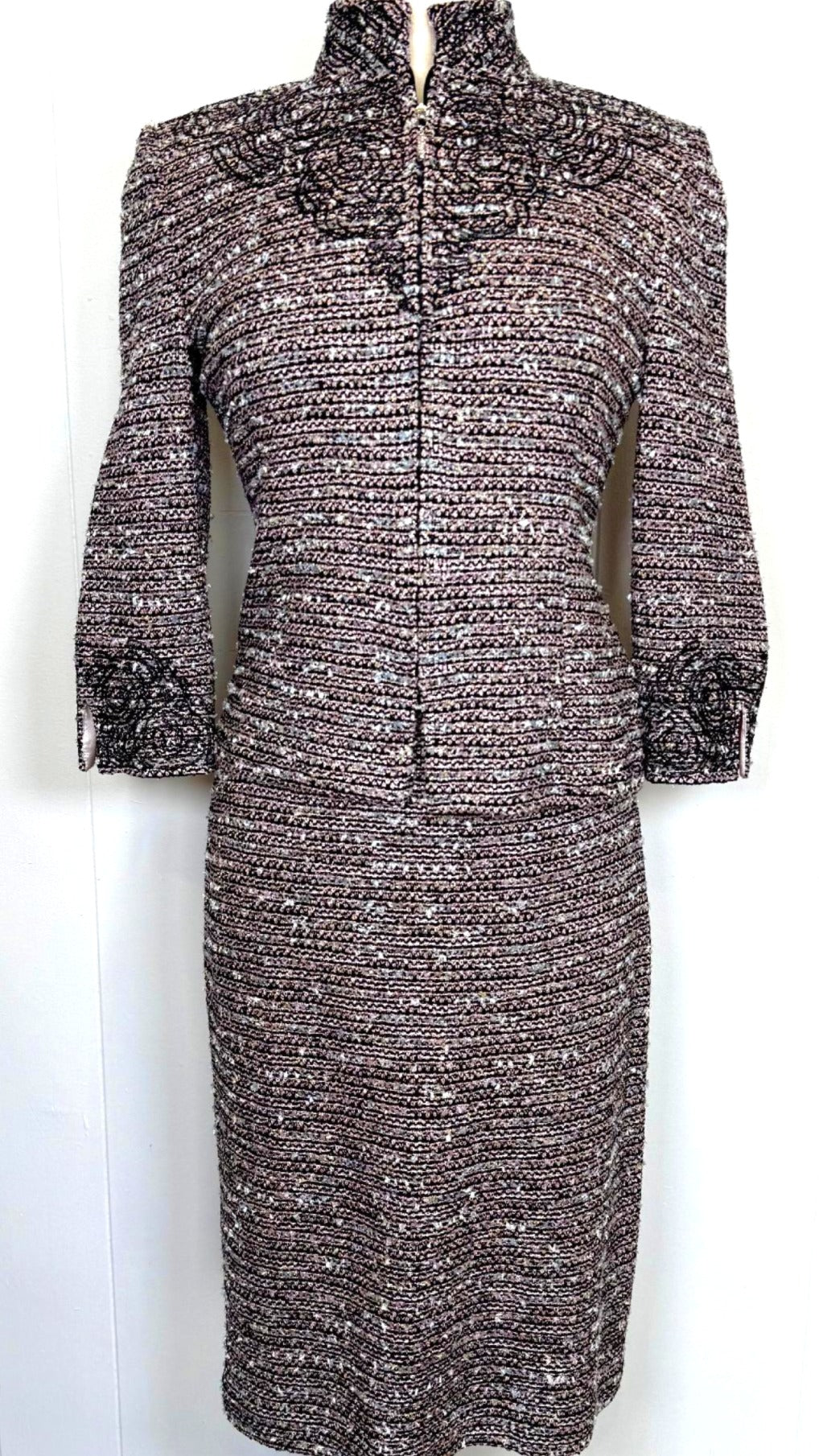 St. John Couture Two-Piece Skirt Suit in Black, Pink & Blue Metallic Knit - Size 4