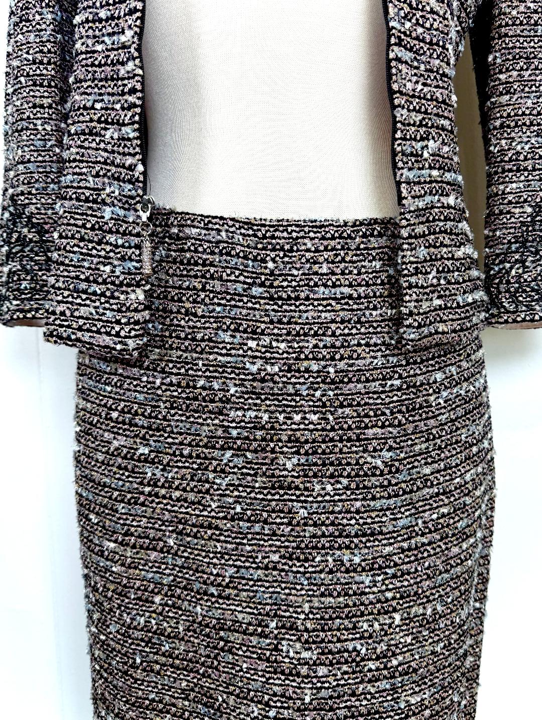 St. John Couture Two-Piece Skirt Suit in Black, Pink & Blue Metallic Knit - Size 4