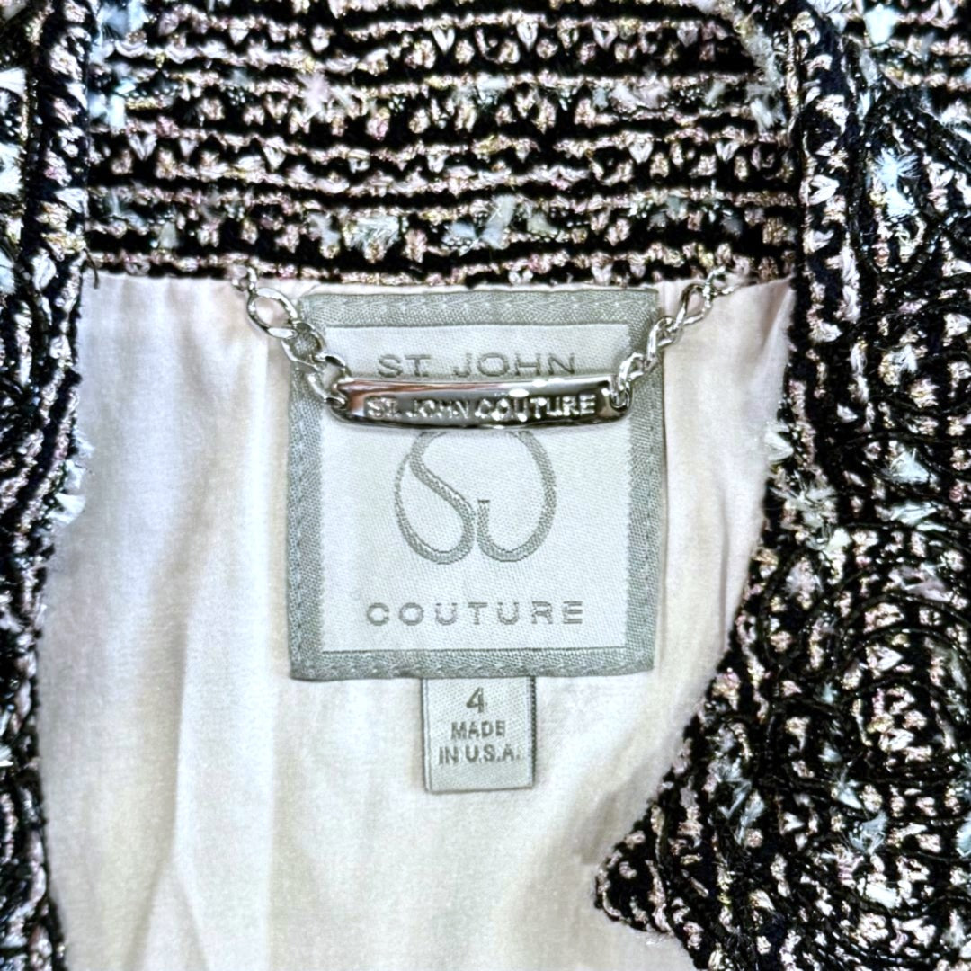 St. John Couture Two-Piece Skirt Suit in Black, Pink & Blue Metallic Knit - Size 4