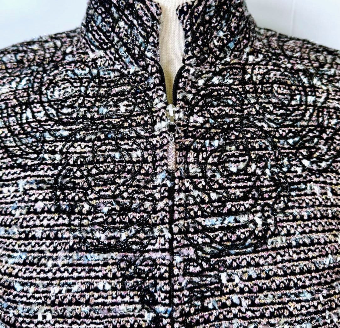 St. John Couture Two-Piece Skirt Suit in Black, Pink & Blue Metallic Knit - Size 4