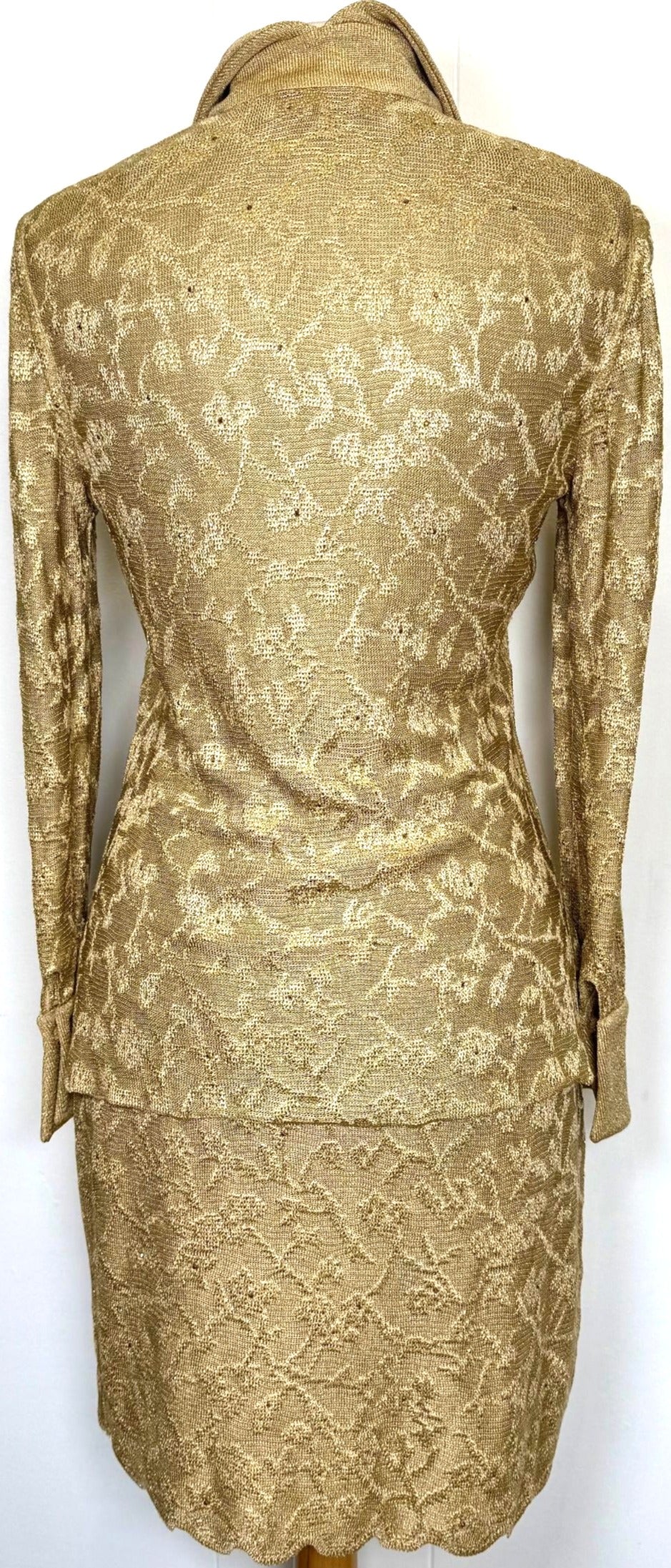 St. John Evening Gold Metallic Knit Evening Skirt Suit - Floral Pattern and Crystal Buttons - Size 4