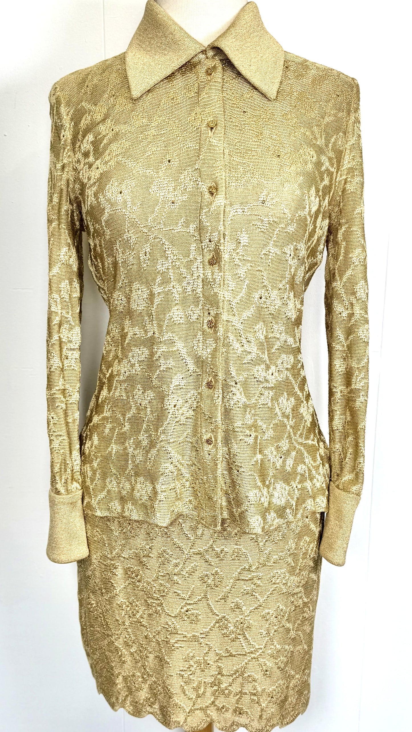 St. John Evening Gold Metallic Knit Evening Skirt Suit - Floral Pattern and Crystal Buttons - Size 4