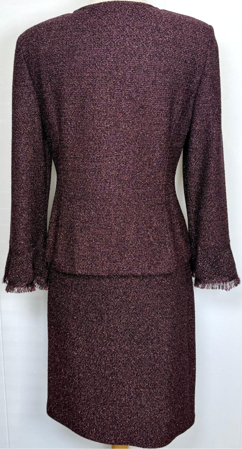 St. John Evening Black, Purple & Gold Textured Knit Evening Skirt Suit with Ruffle Detail – NWT $1,990 - Size 10