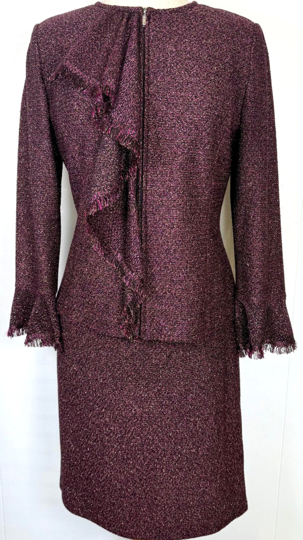 St. John Evening Black, Purple & Gold Textured Knit Evening Skirt Suit with Ruffle Detail – NWT $1,990 - Size 10