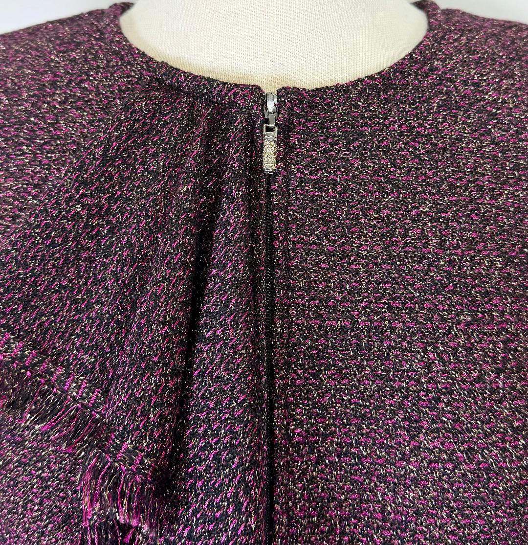 St. John Evening Black, Purple & Gold Textured Knit Evening Skirt Suit with Ruffle Detail – NWT $1,990 - Size 10