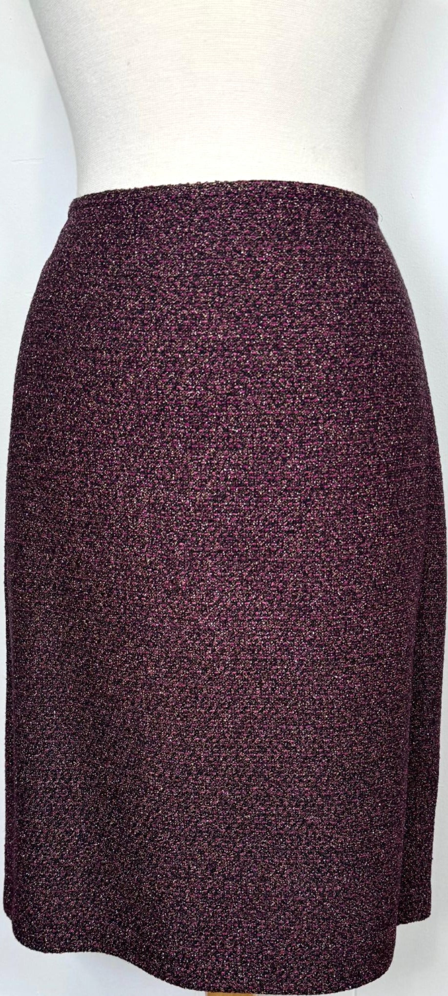 St. John Evening Black, Purple & Gold Textured Knit Evening Skirt Suit with Ruffle Detail – NWT $1,990 - Size 10