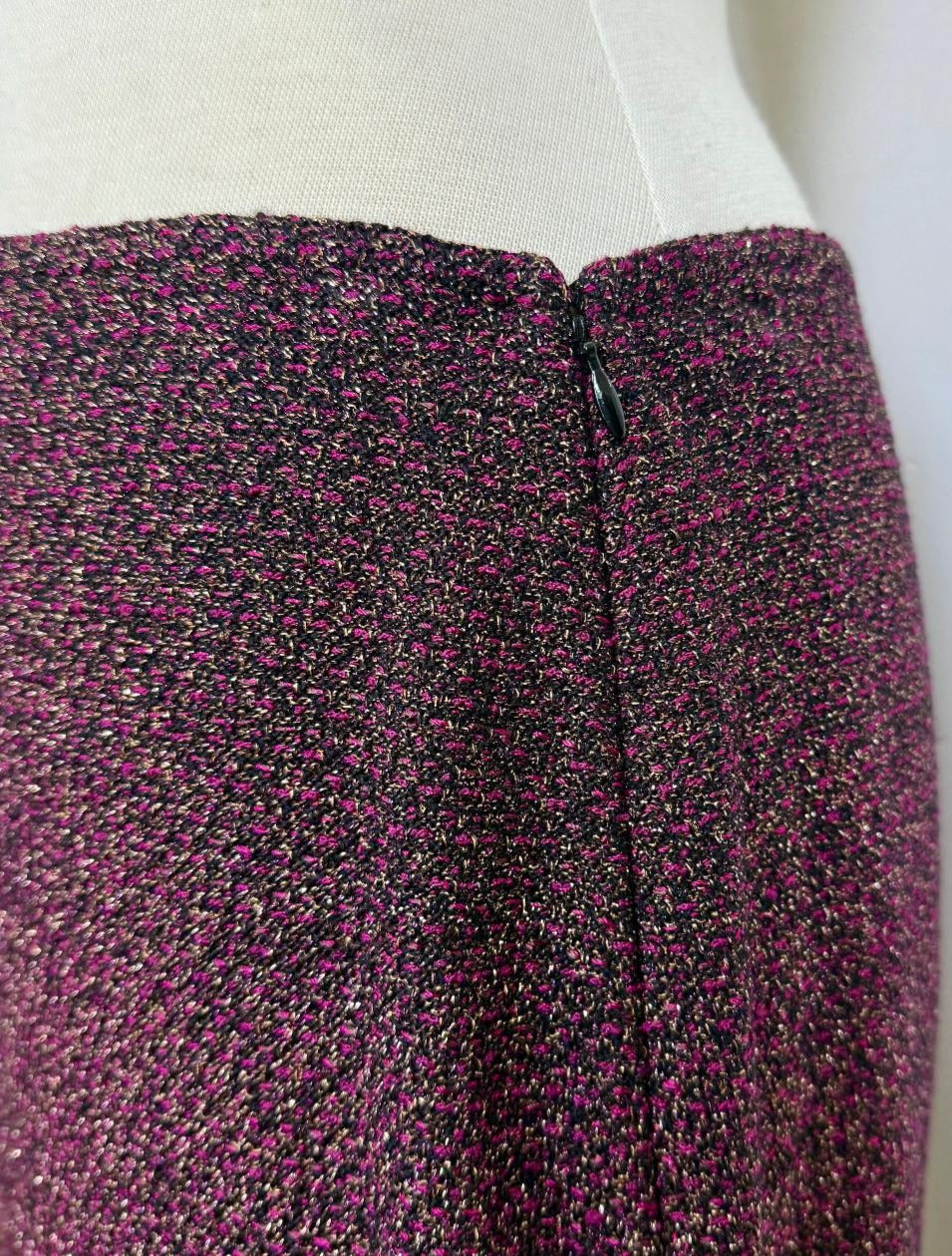 St. John Evening Black, Purple & Gold Textured Knit Evening Skirt Suit with Ruffle Detail – NWT $1,990 - Size 10