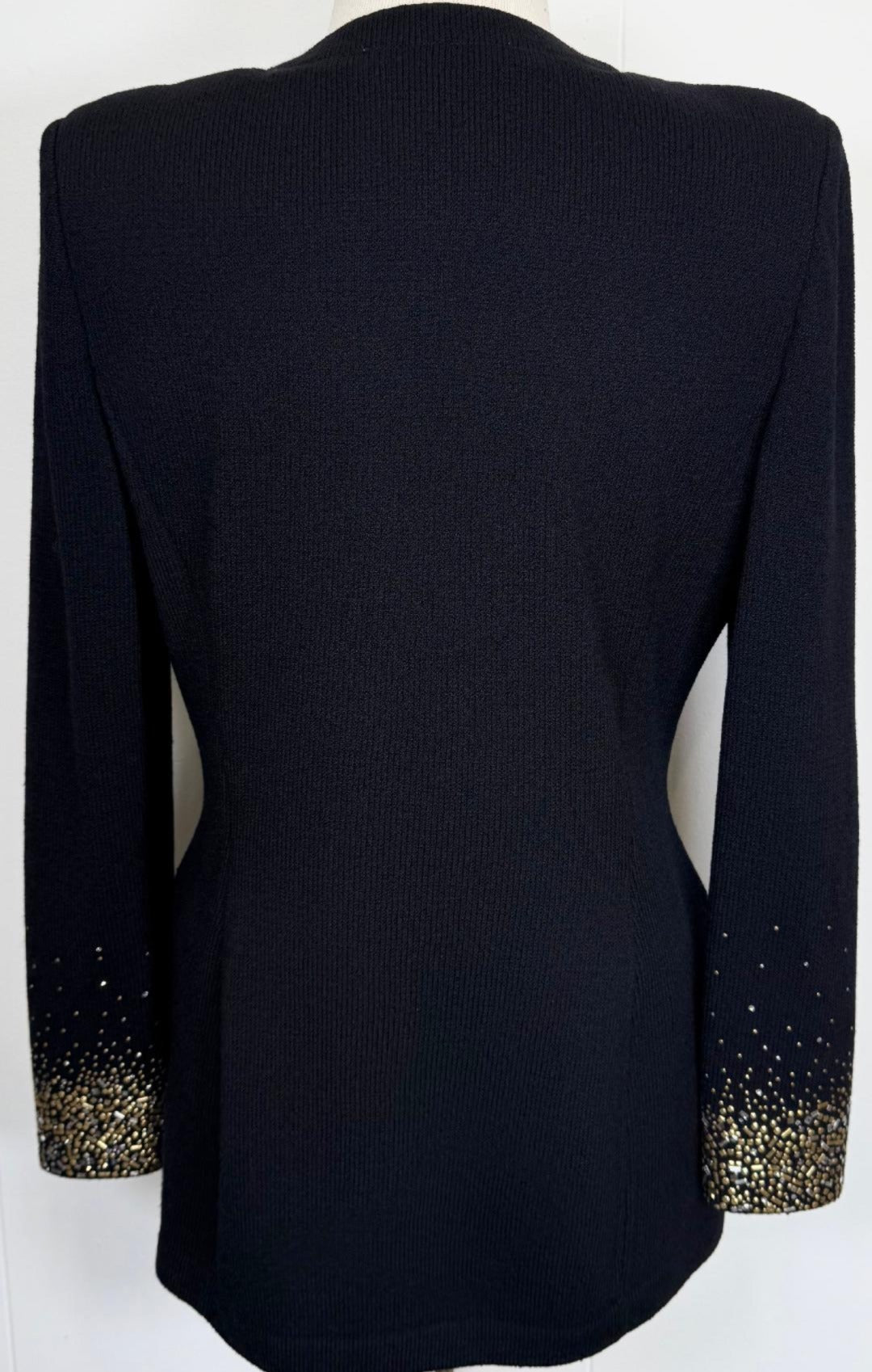 St. John Evening Black Santana Knit Jacket & Vest Set - Gold & Silver Crystal Paillettes - Size 6 / 8