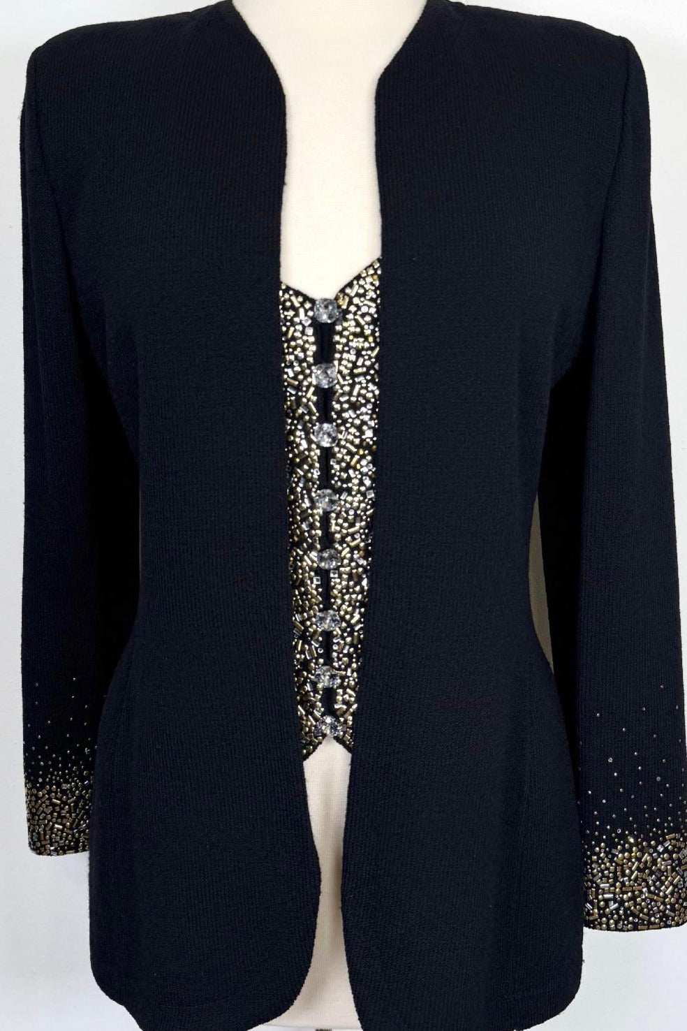 St. John Evening Black Santana Knit Jacket & Vest Set - Gold & Silver Crystal Paillettes - Size 6 / 8