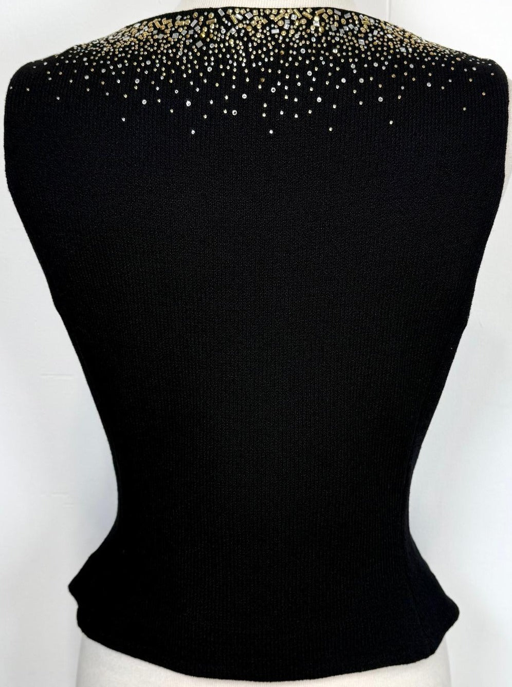 St. John Evening Black Santana Knit Jacket & Vest Set - Gold & Silver Crystal Paillettes - Size 6 / 8