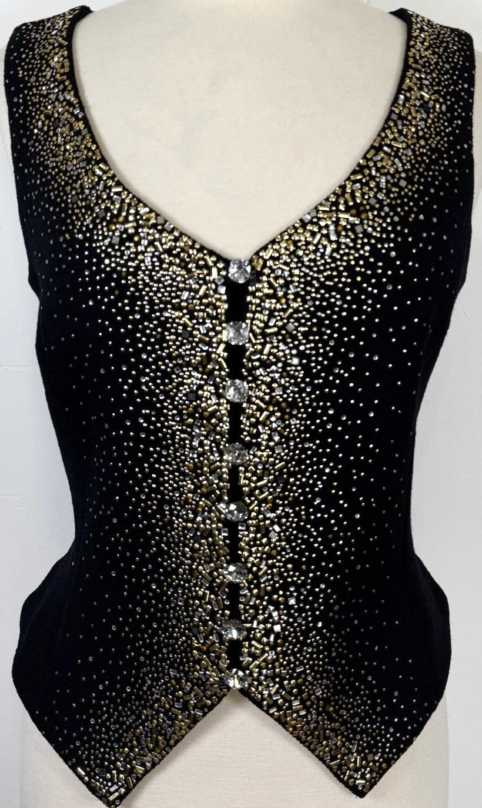 St. John Evening Black Santana Knit Jacket & Vest Set - Gold & Silver Crystal Paillettes - Size 6 / 8