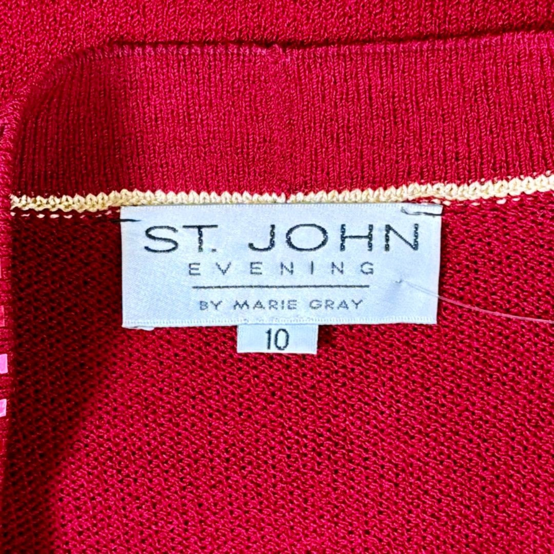 St. John Evening Red Santana Knit Skirt Suit - Gold & Red Paillettes - Size 10
