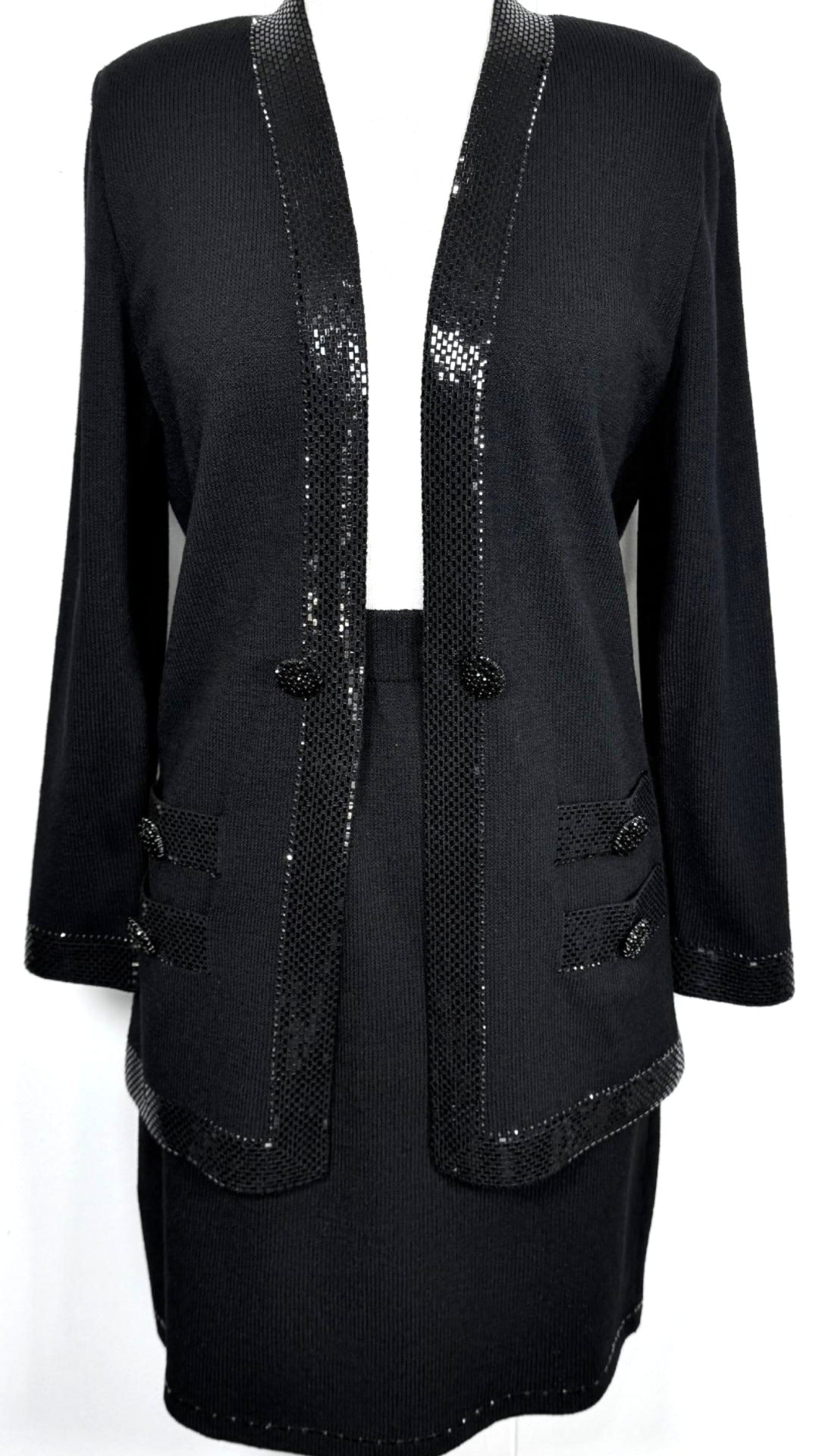 St. John Evening Black Santana Knit Skirt Suit with Elegant Paillette Detailing - Size 6 / 8