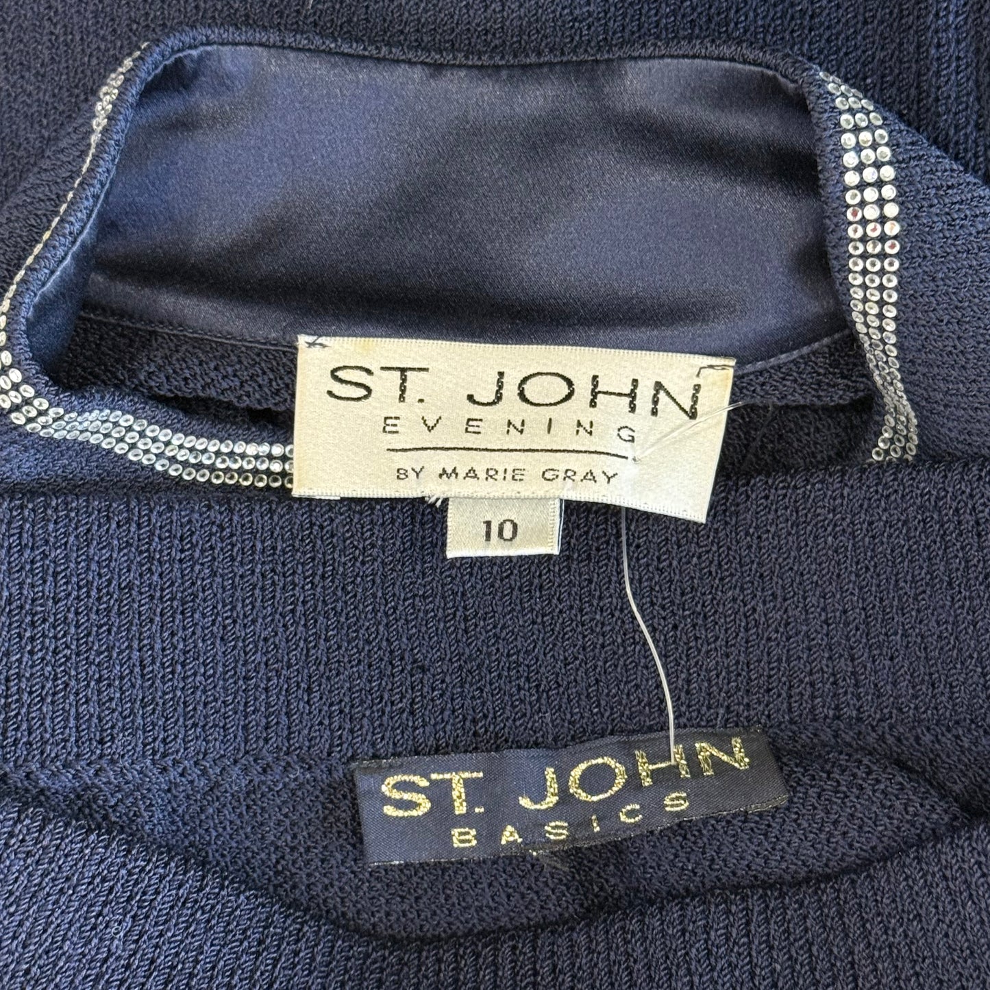 St. John Navy Santana Knit Jacket & Skirt Suit – Crystal Buttons & Paillettes – Size 10