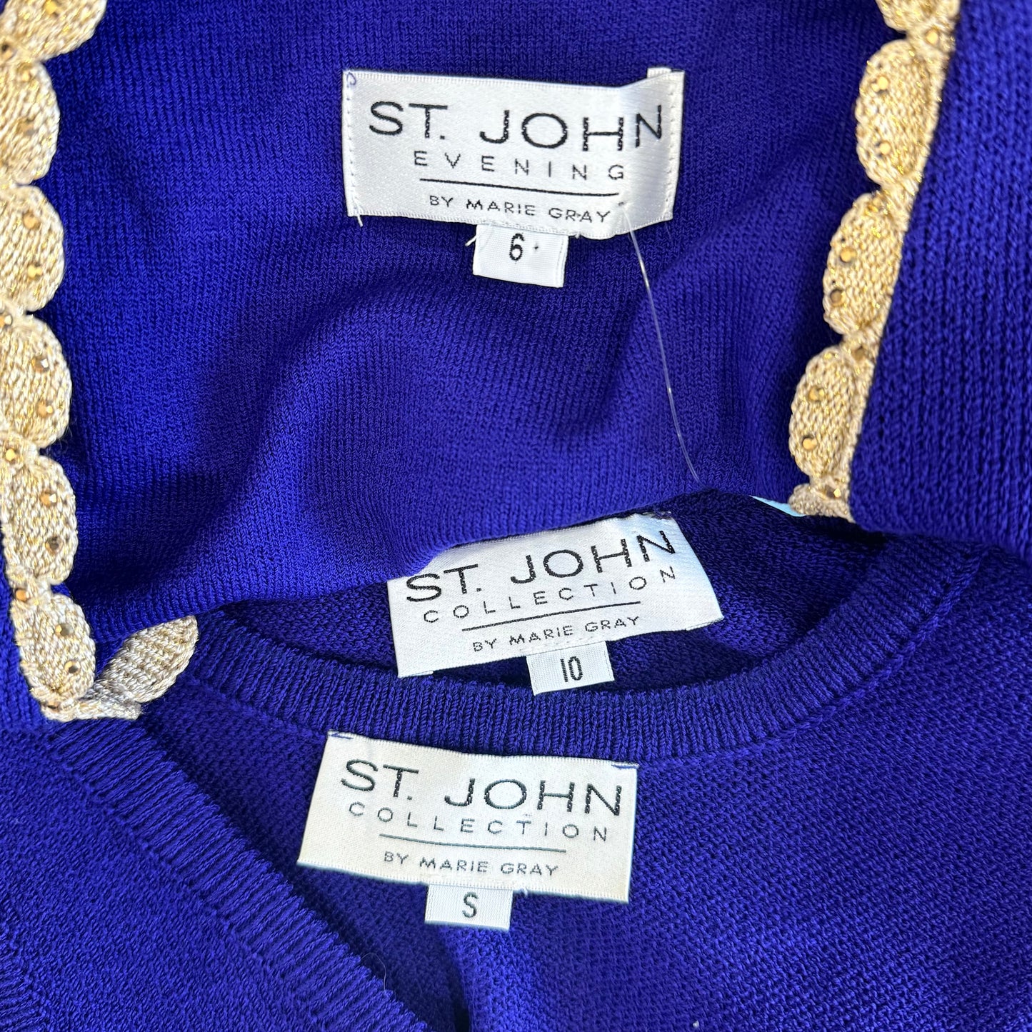 St. John Purple Santana Knit 3-Piece Suit – Gold Crystal Buttons & Paillettes - Size 10