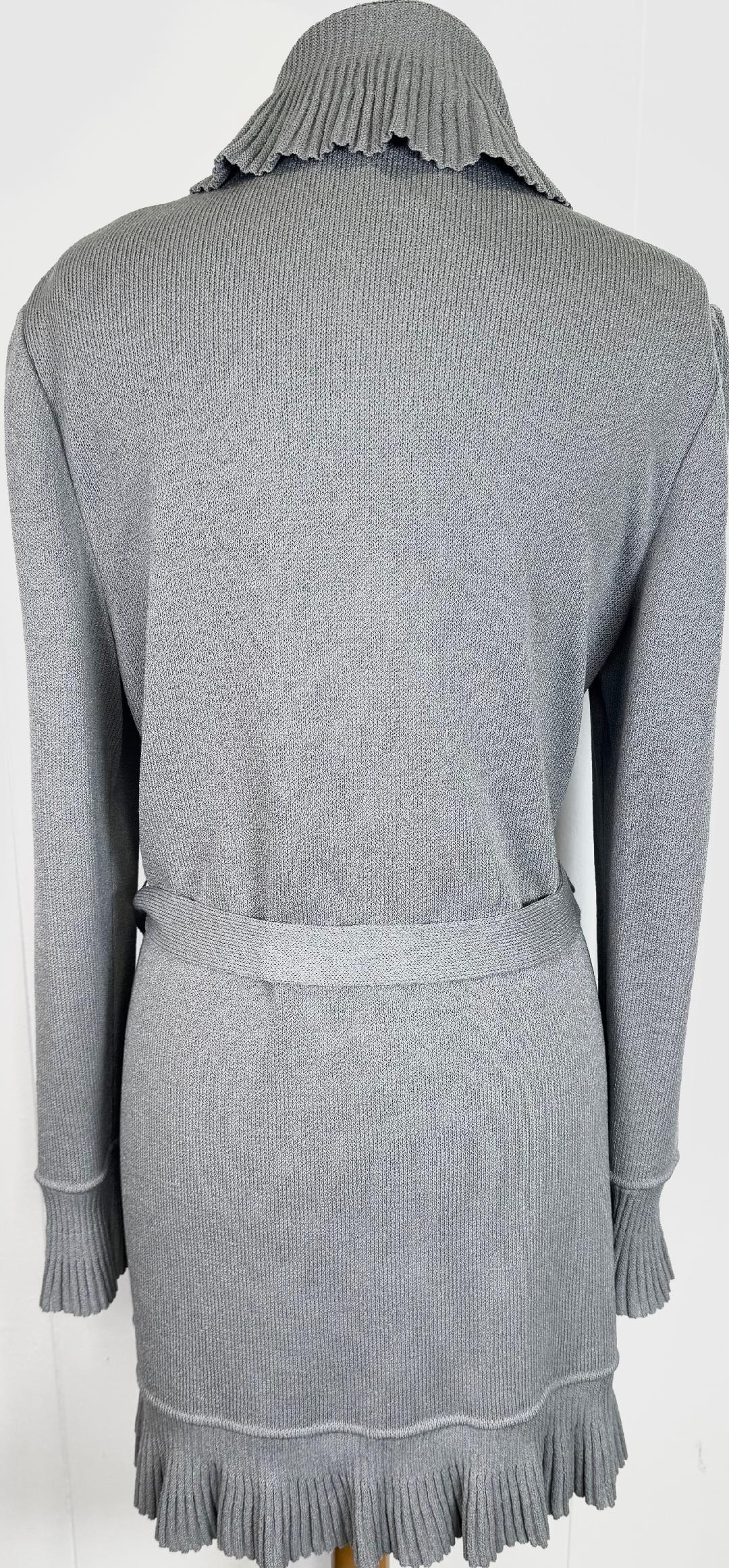 St. John Light Grey Santana Knit Ruffled Kelly Coat – Belted – Size 12