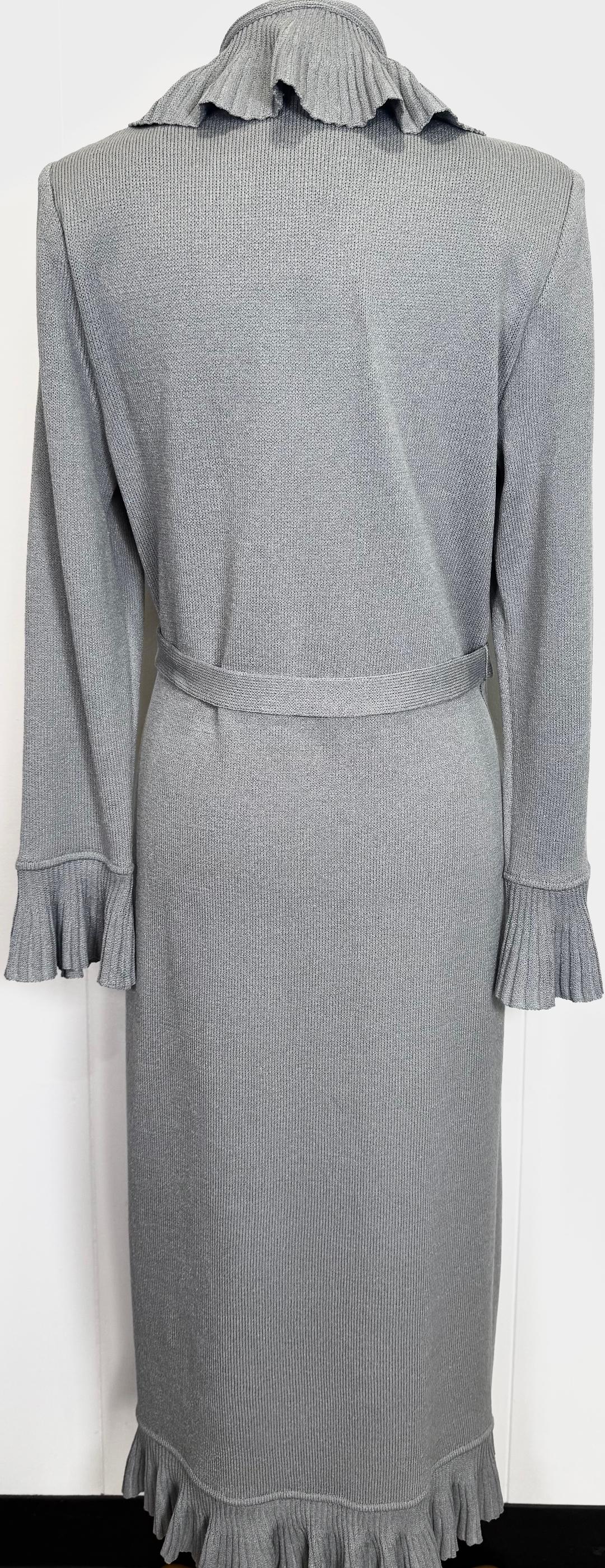 St. John Light Grey Santana Knit Long Ruffled Kelly Coat – Belted – Size 6 (Fits 8) - NWT $1,500