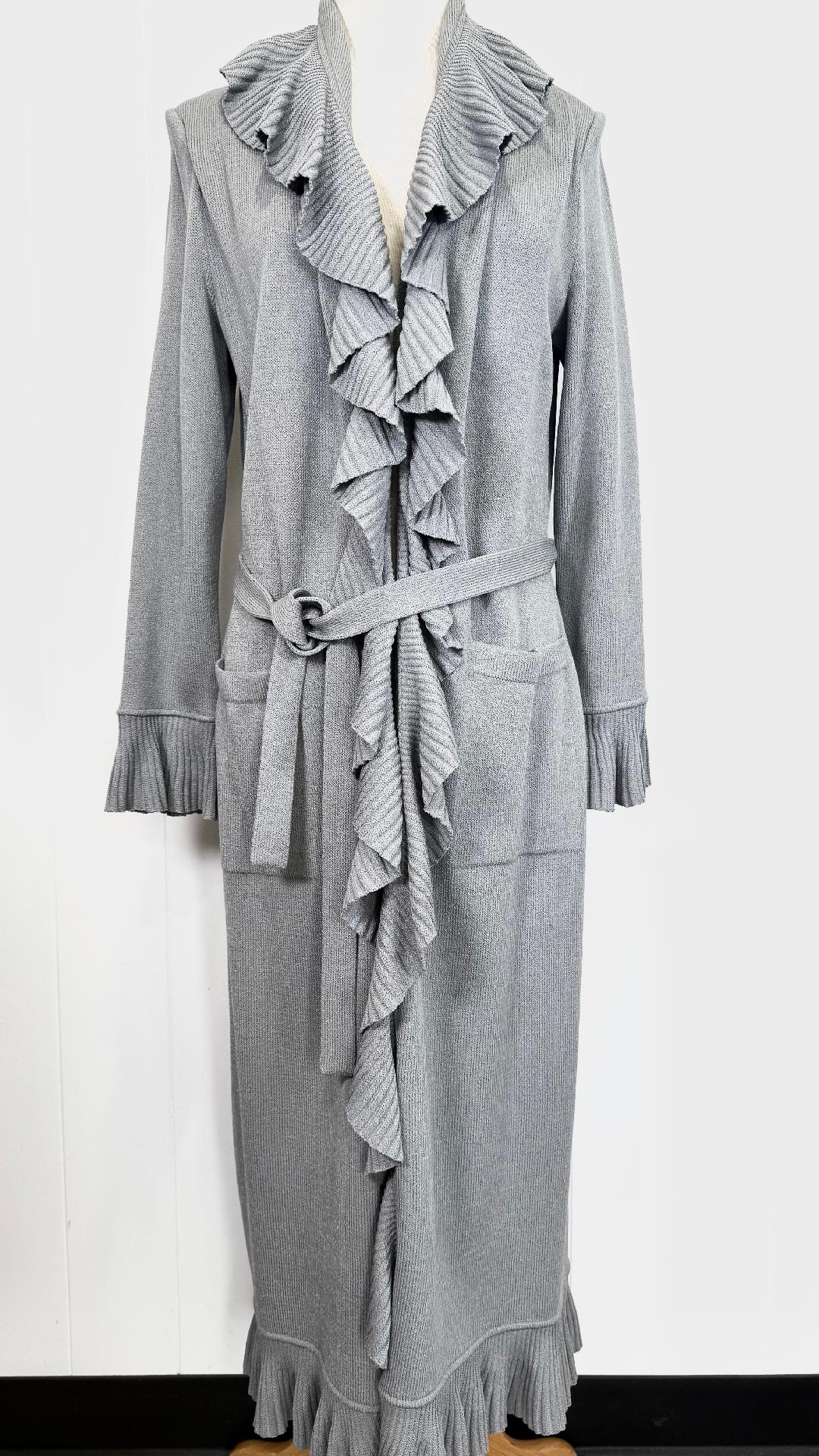 St. John Light Grey Santana Knit Long Ruffled Kelly Coat – Belted – Size 6 (Fits 8) - NWT $1,500