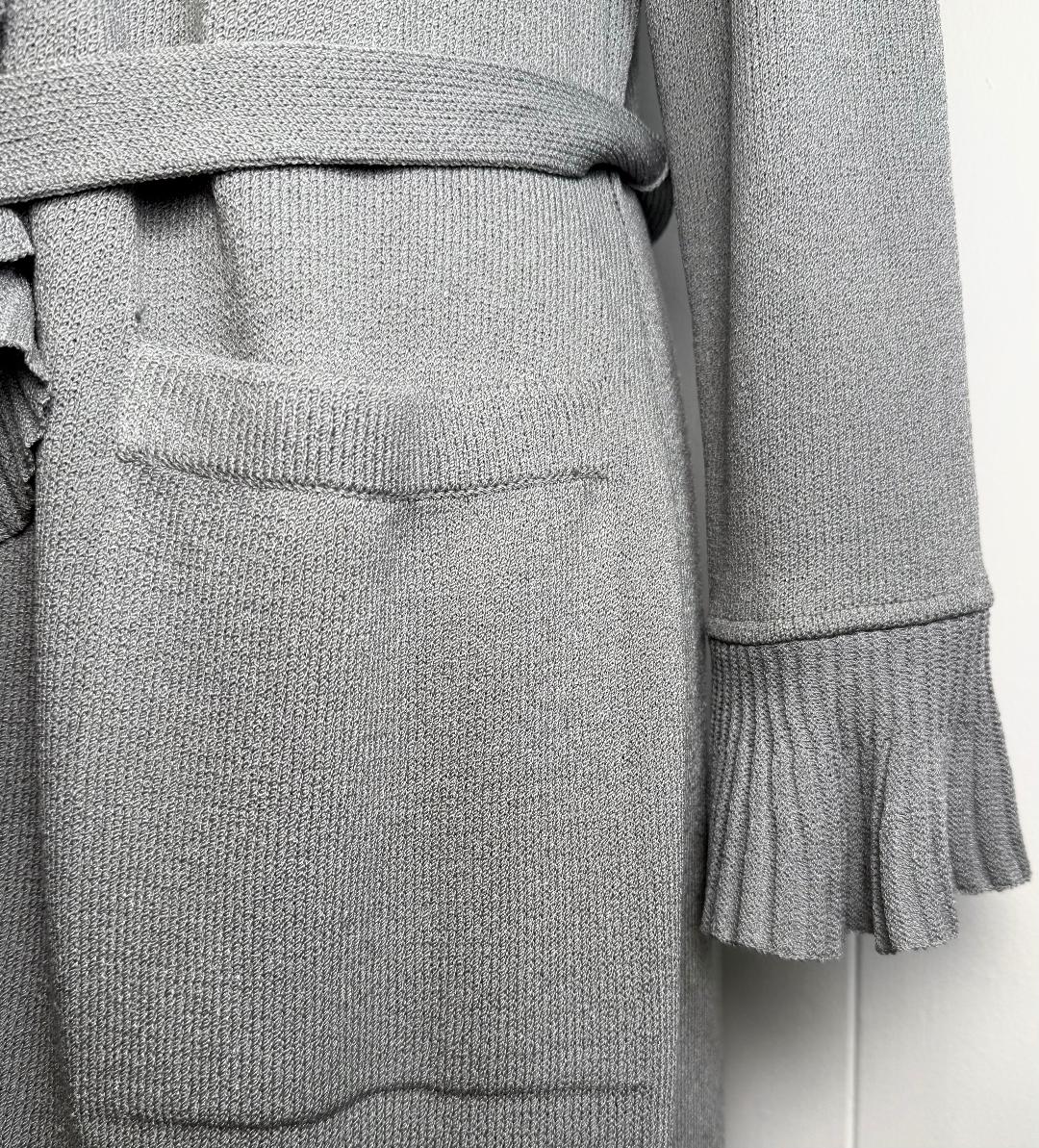 St. John Light Grey Santana Knit Long Ruffled Kelly Coat – Belted – Size 6 (Fits 8) - NWT $1,500