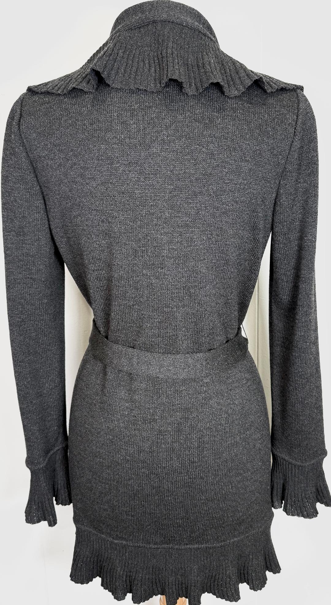 St. John Dark Gray Santana Knit Short Kelly Coat – Ruffled Front & Belted – Size 2