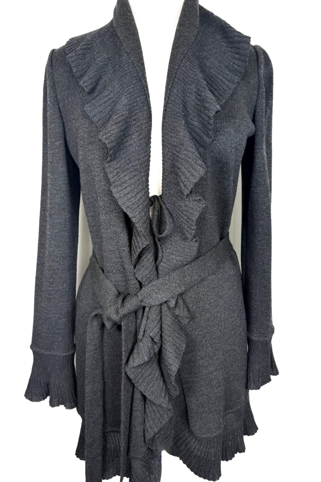St. John Dark Gray Santana Knit Short Kelly Coat – Ruffled Front & Belted – Size 2