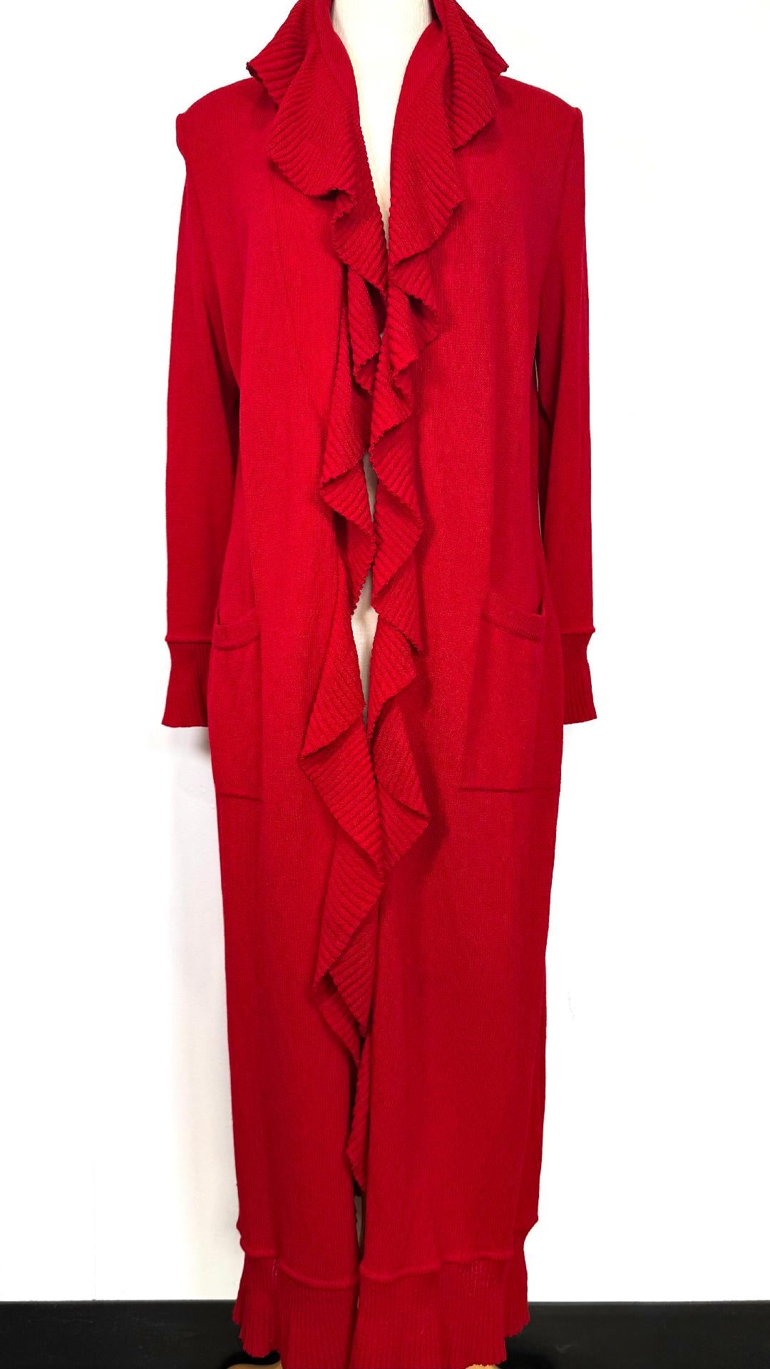 St. John Red Santana Knit Ruffled Long Kelly Coat – Iconic Style - Size 8