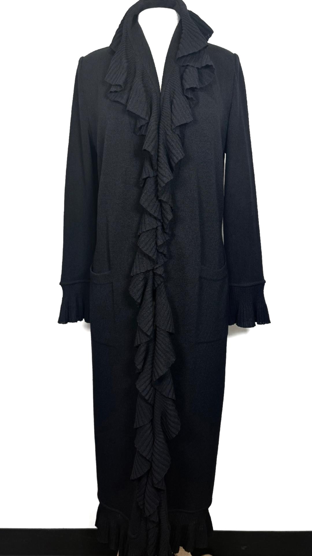 St. John Black Santana Knit Iconic Ruffled Long Coat – Multiple Sizes