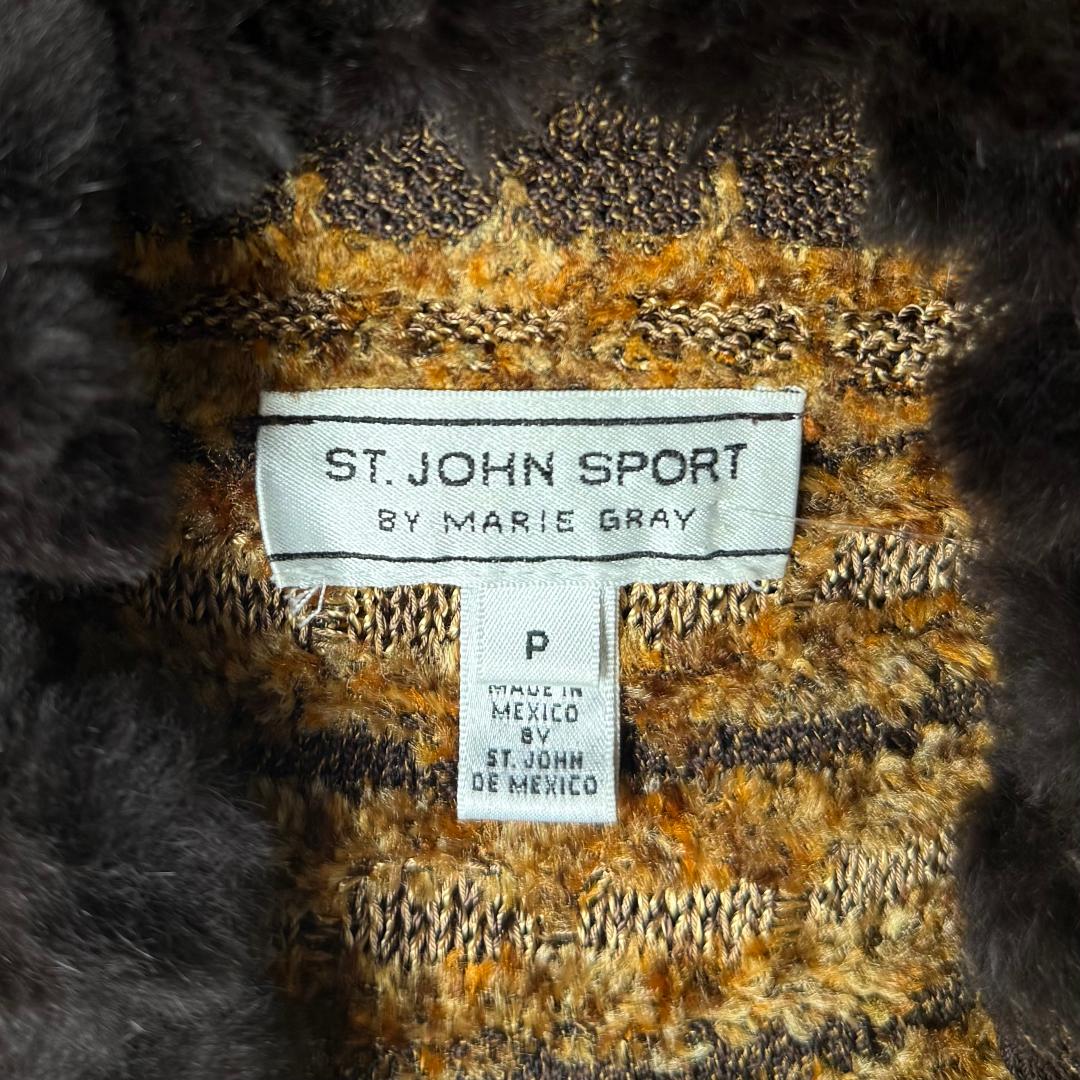 St. John Textured Wool-Blend Coat with Brown Fur Trim – Belted Open Style - Size P