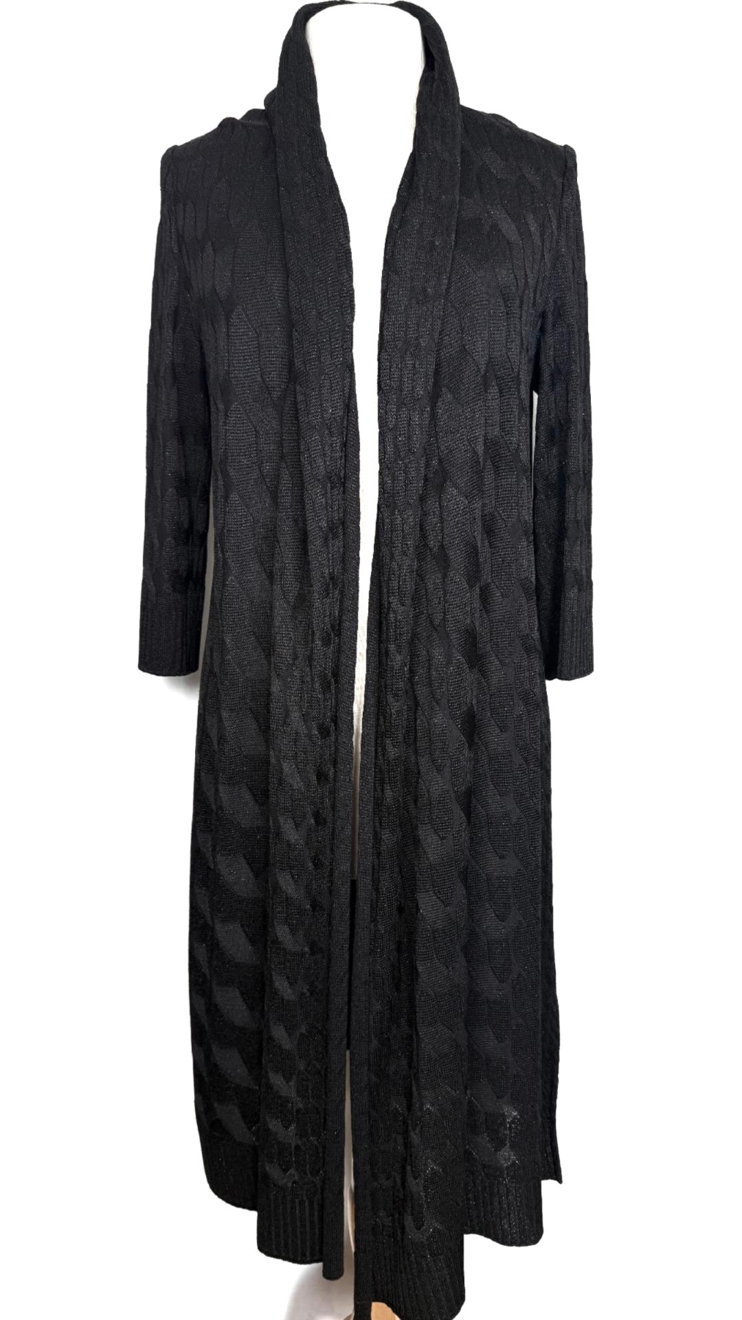 St. John Black Shiny Textured Wool-Rayon Blend Long Duster Coat – Open Style - Size M
