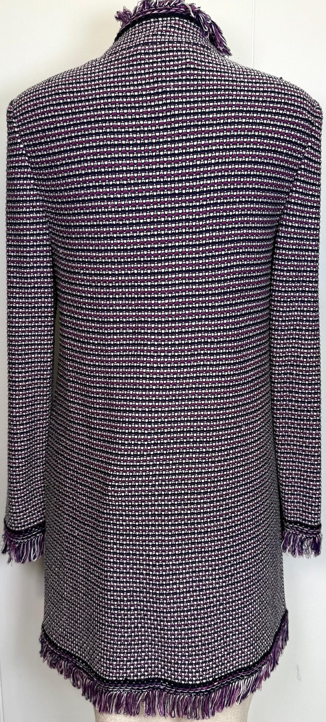 St. John Purple, White, & Navy Textured Wool-Blend Knit Jacket with Fringe Detail - Size S - NWT $1,295