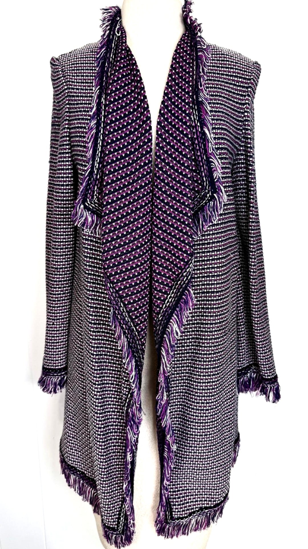 St. John Purple, White, & Navy Textured Wool-Blend Knit Jacket with Fringe Detail - Size S - NWT $1,295