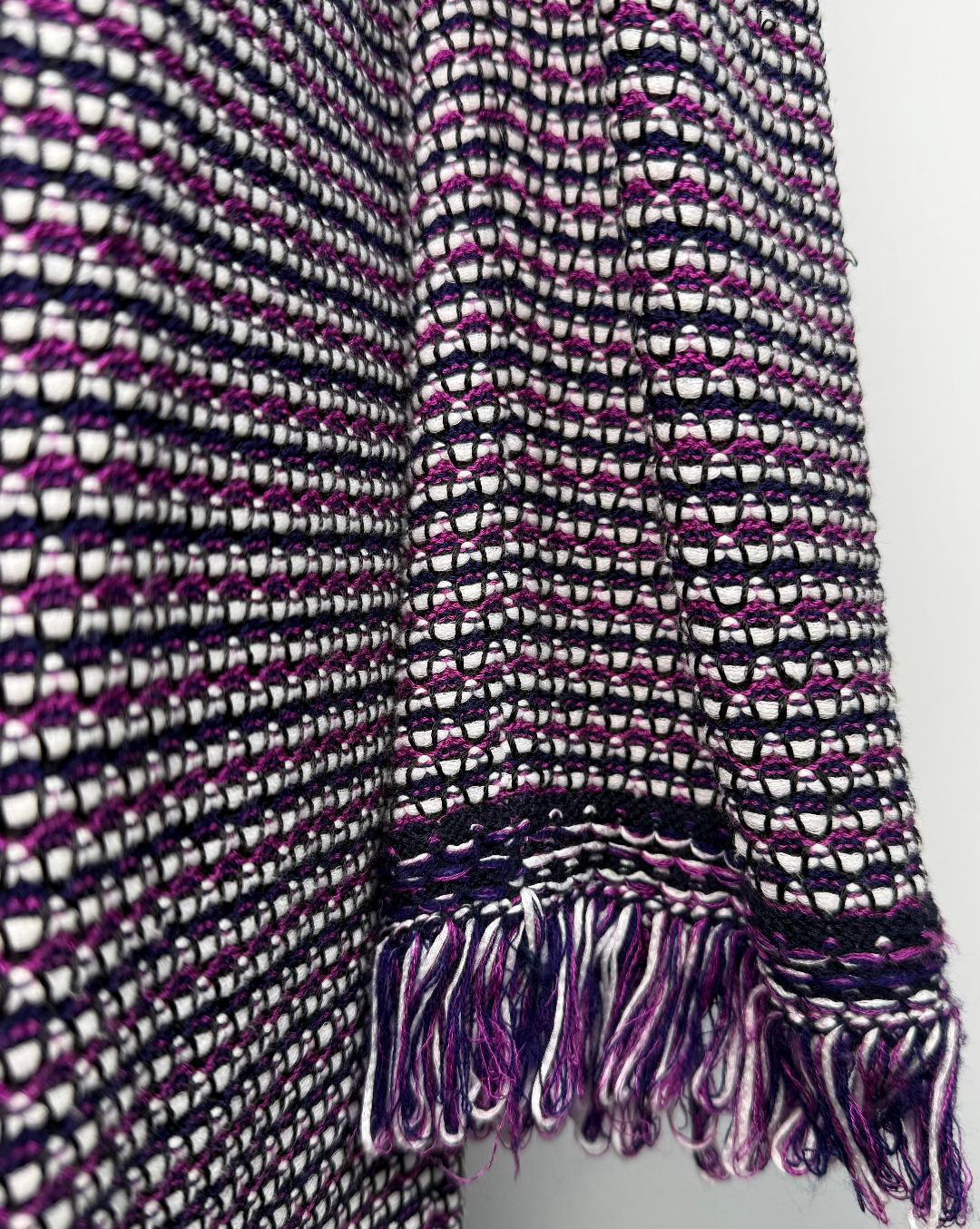 St. John Purple, White, & Navy Textured Wool-Blend Knit Jacket with Fringe Detail - Size S - NWT $1,295