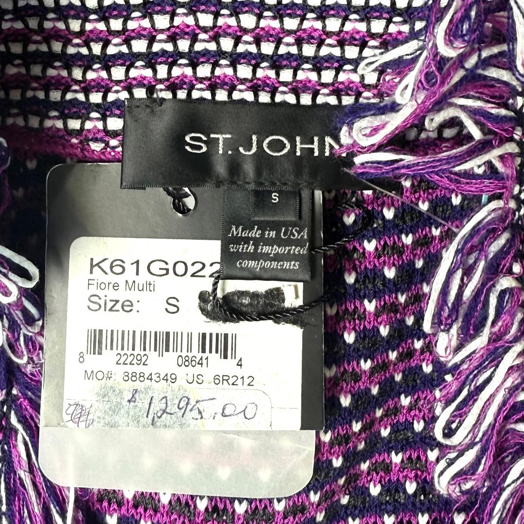 St. John Purple, White, & Navy Textured Wool-Blend Knit Jacket with Fringe Detail - Size S - NWT $1,295