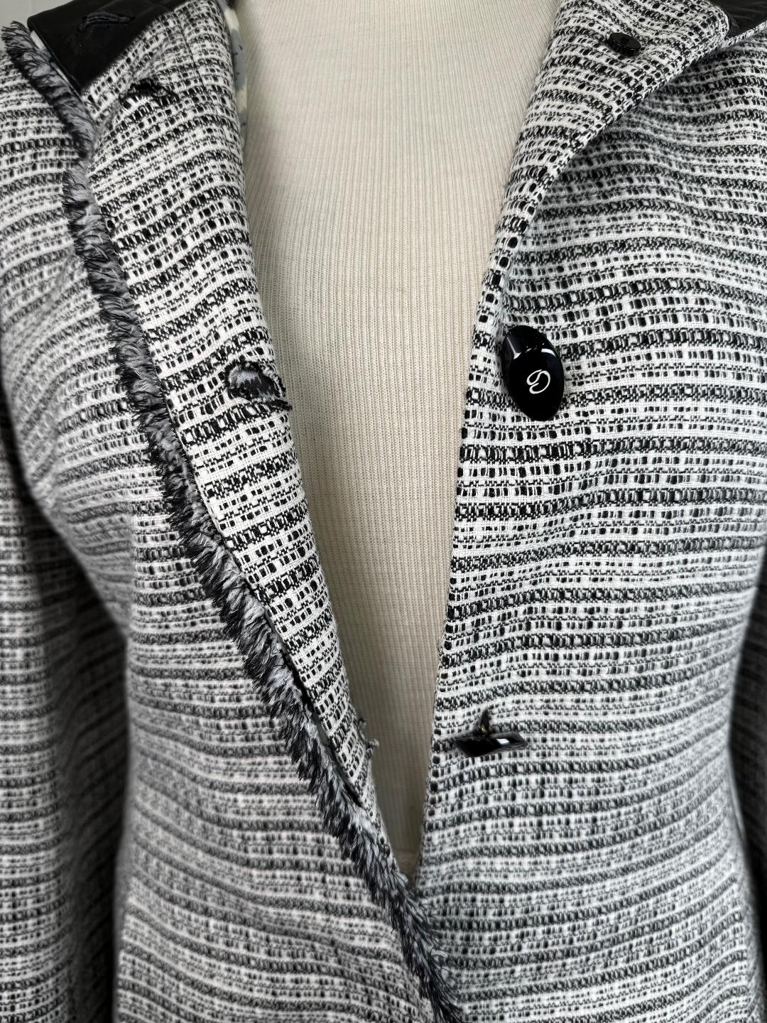 St. John Black & White Textured Wool-Blend Knit Coat – Fringe Trim & Leather Detail – Size 10
