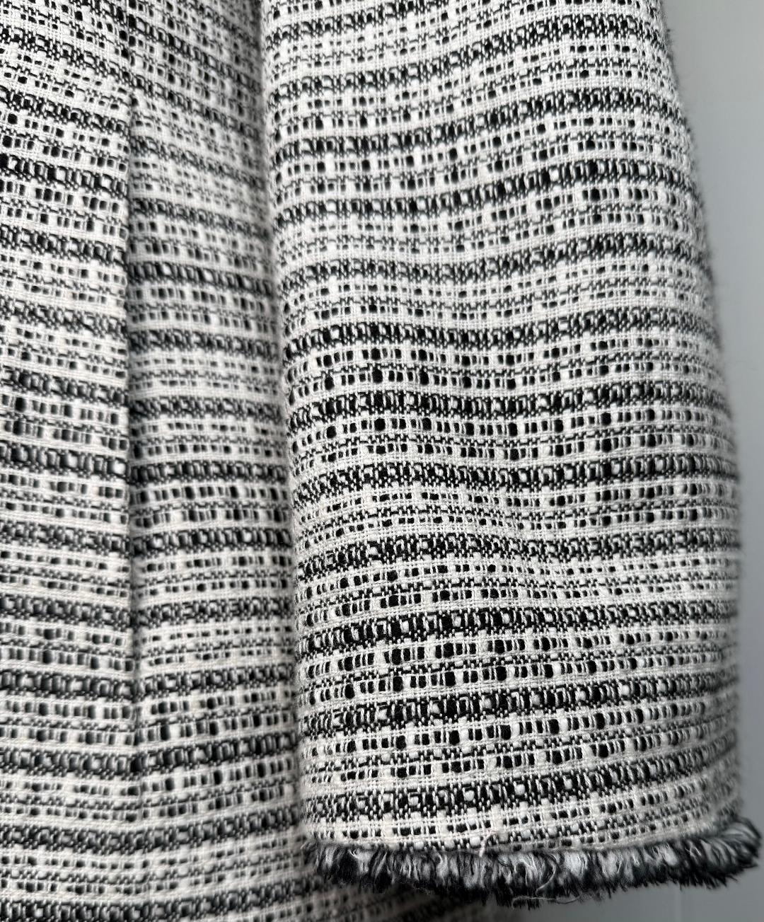 St. John Black & White Textured Wool-Blend Knit Coat – Fringe Trim & Leather Detail – Size 10