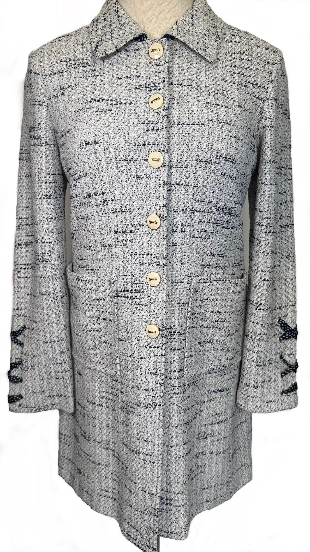 St. John Black & White Textured Wool-Blend Knit Coat – Fringe Trim & Leather Detail – Size 14
