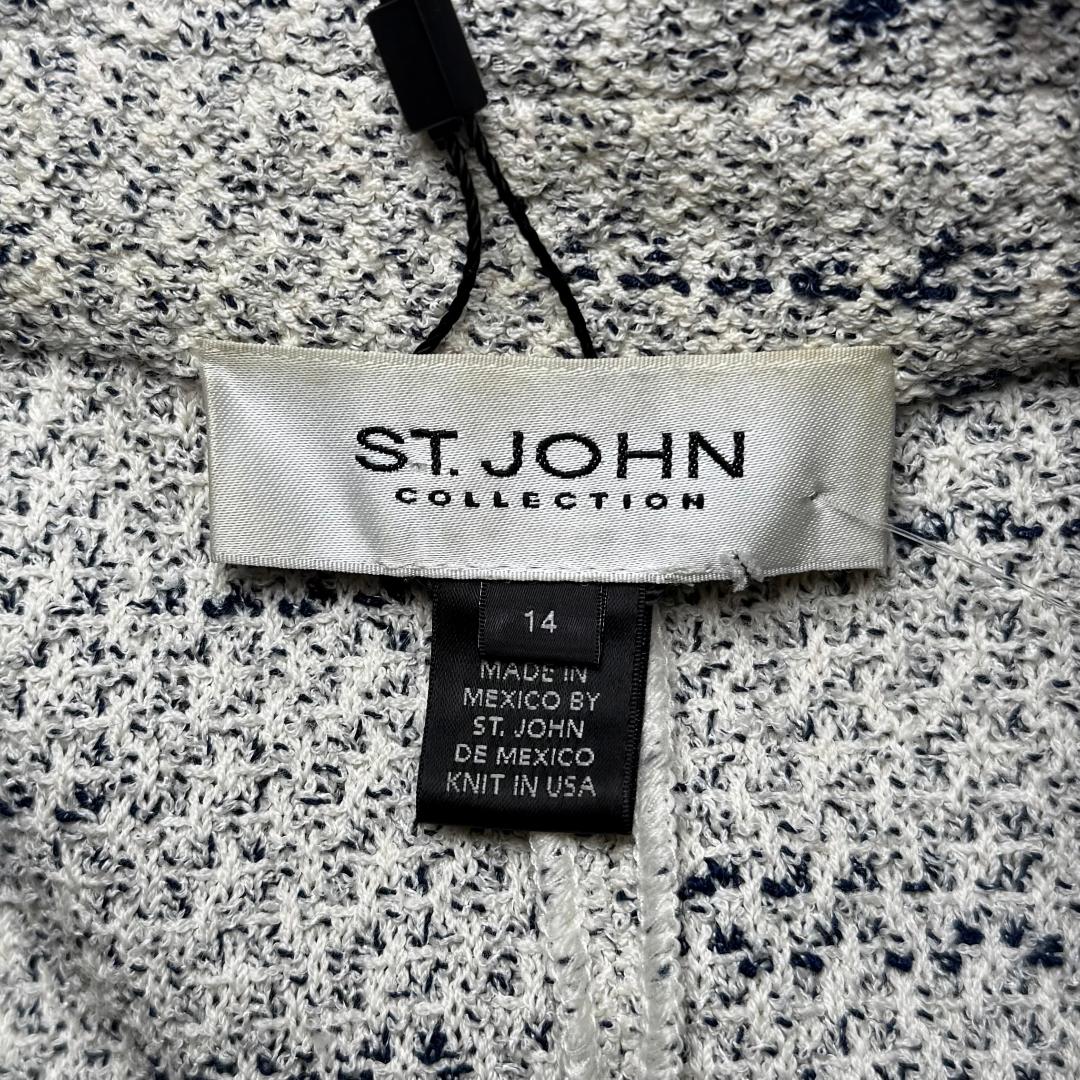 St. John Black & White Textured Wool-Blend Knit Coat – Fringe Trim & Leather Detail – Size 14