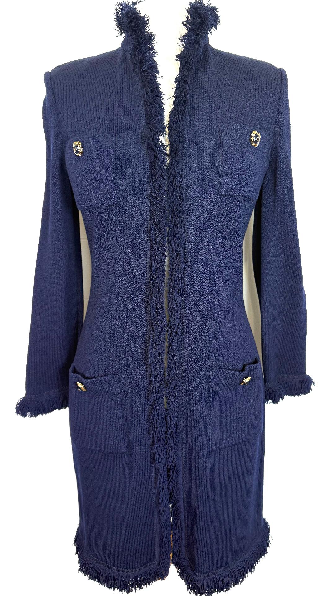 St. John Iconic Fringe “Rock Star” Coat – Navy & Gold Logo Buttons – Size 2 (Fits like 4)