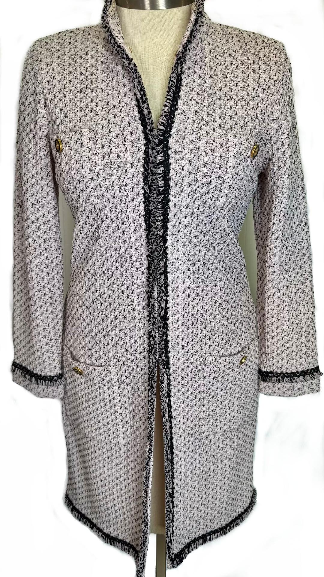 St. John Pink & Black Textured Santana Knit “Rock Star” Fringe Coat – Open Style – Size 12