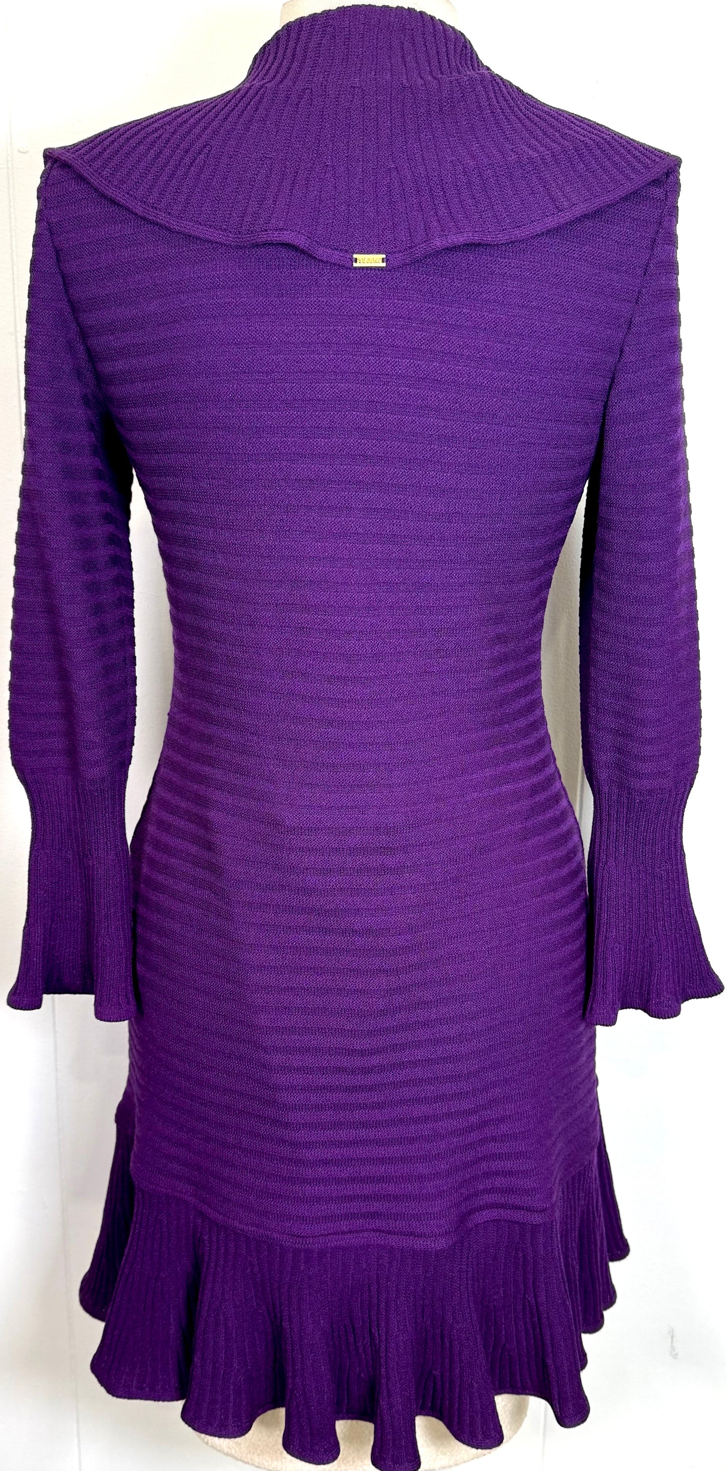 St. John Purple Textured Santana Knit Coat – Ruffled Detail Open Style – Size S