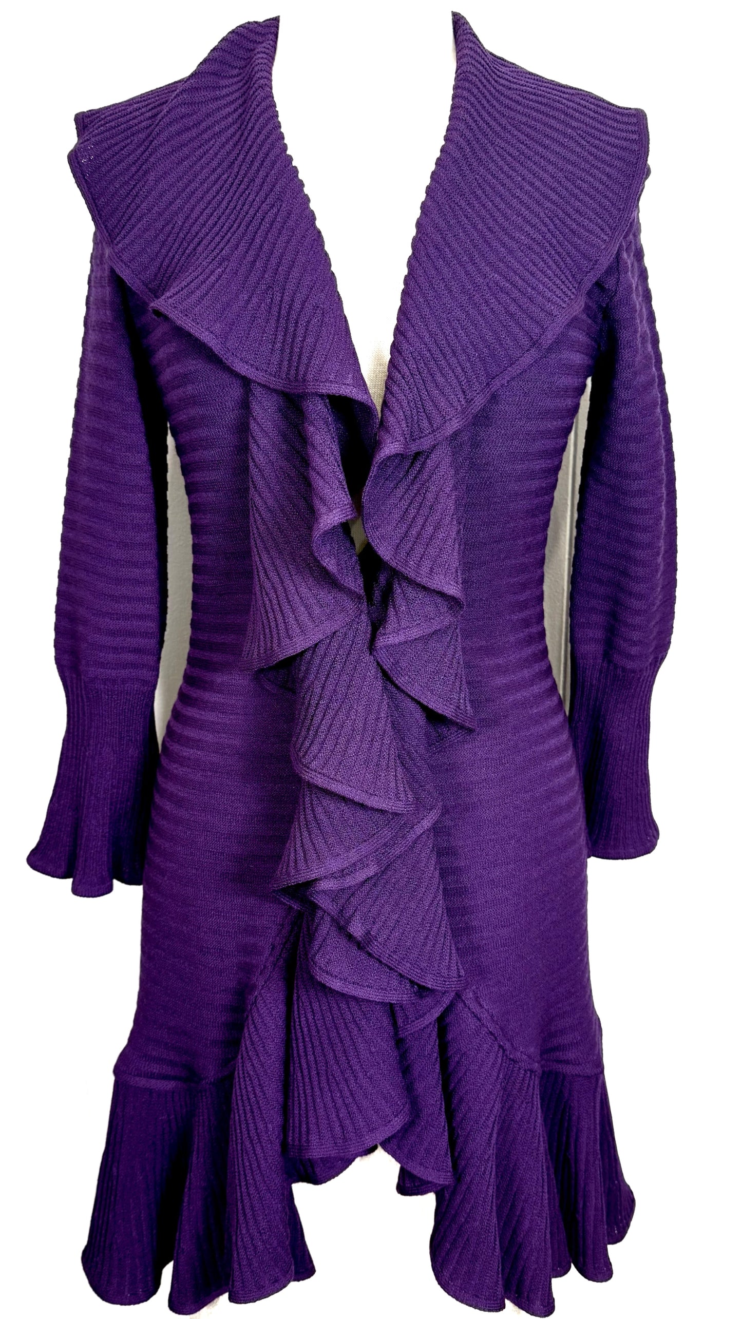 St. John Purple Textured Santana Knit Coat – Ruffled Detail Open Style – Size S