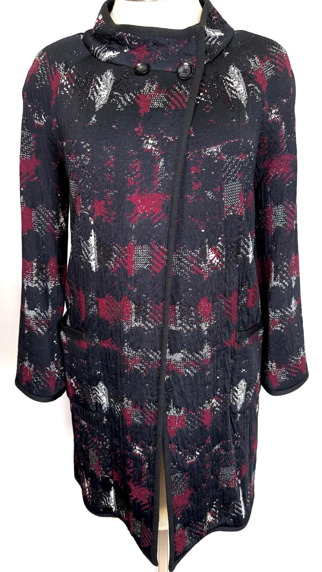 St. John Multi Black, Burgundy & White Wool-Blend Coat – Shiny Textured Finish – Size 8