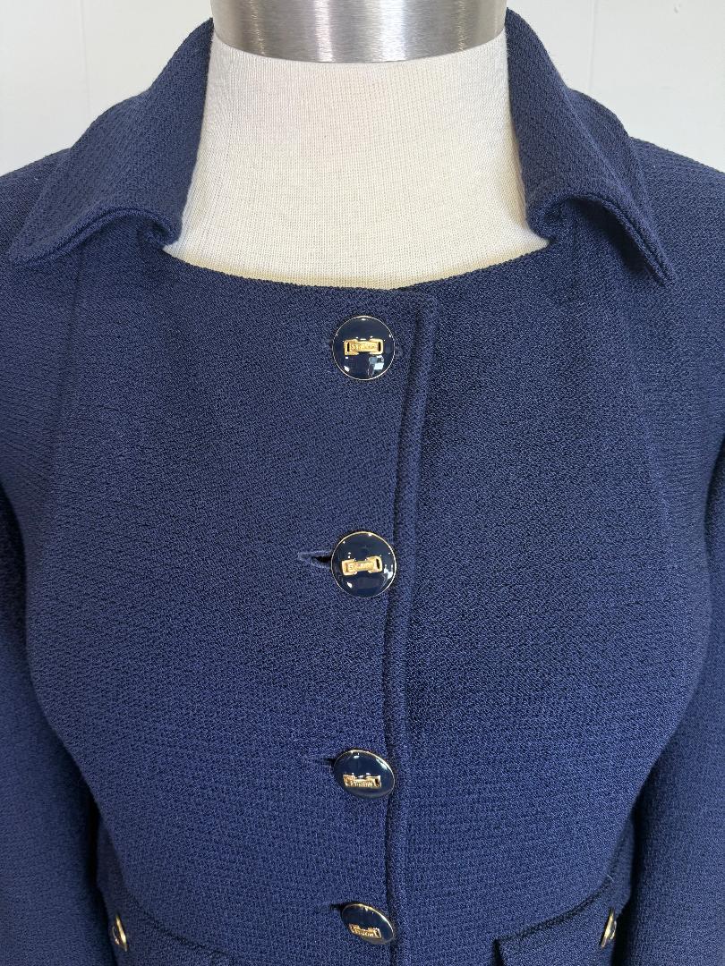 St. John Navy Textured Santana Knit Coat – Gold Logo Buttons – Size 8