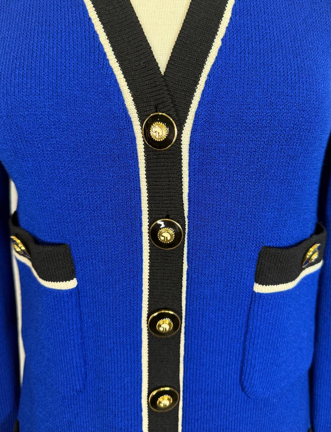 St. John Royal Blue Santana Knit Coat – Black & White Trim – Logo Buttons – Size P