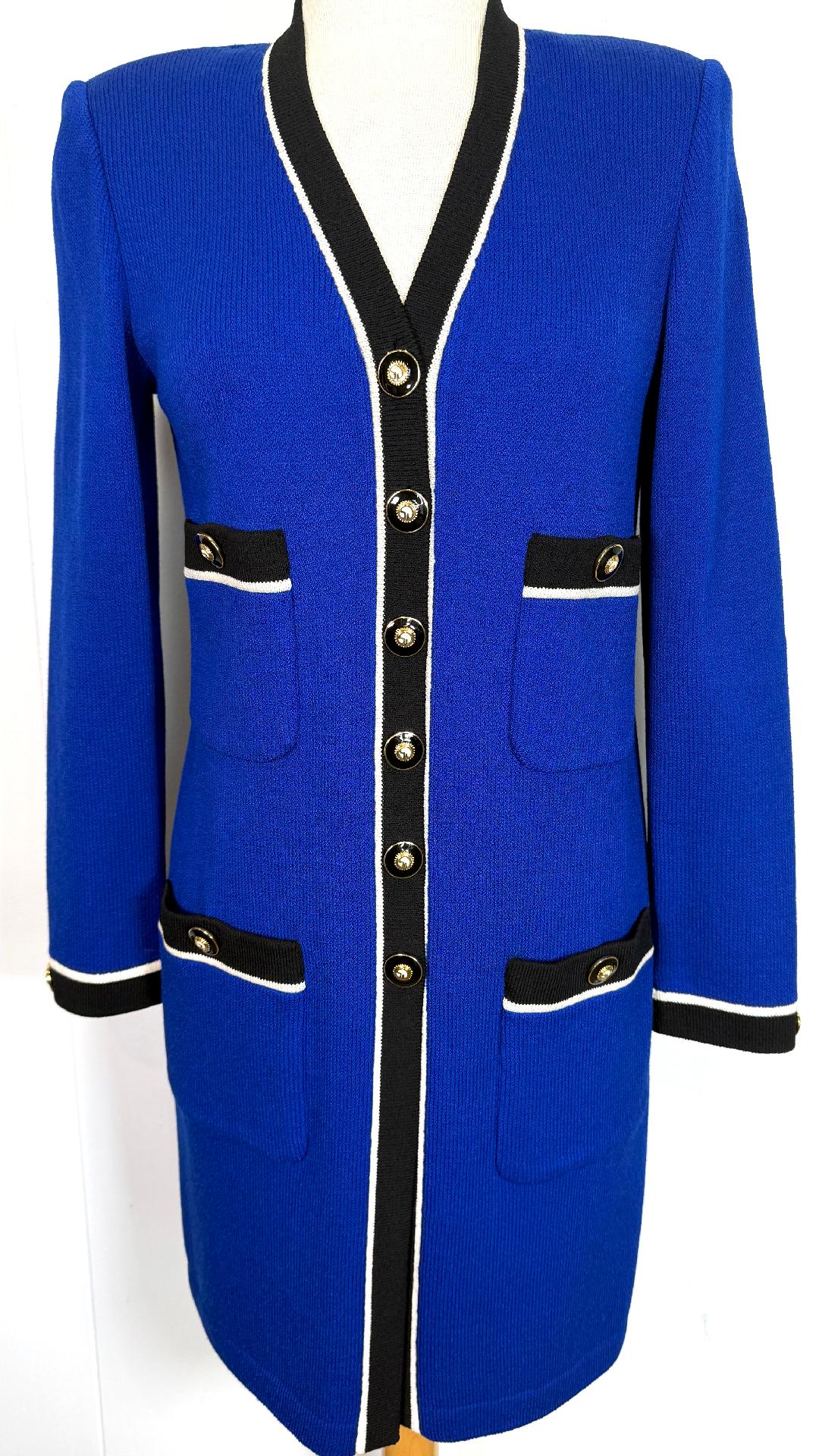 St. John Royal Blue Santana Knit Coat – Black & White Trim – Logo Buttons – Size P