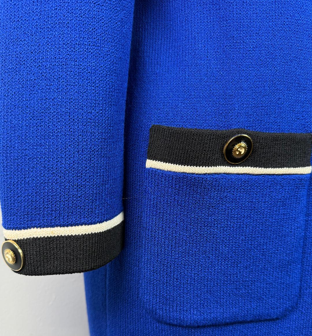 St. John Royal Blue Santana Knit Coat – Black & White Trim – Logo Buttons – Size P