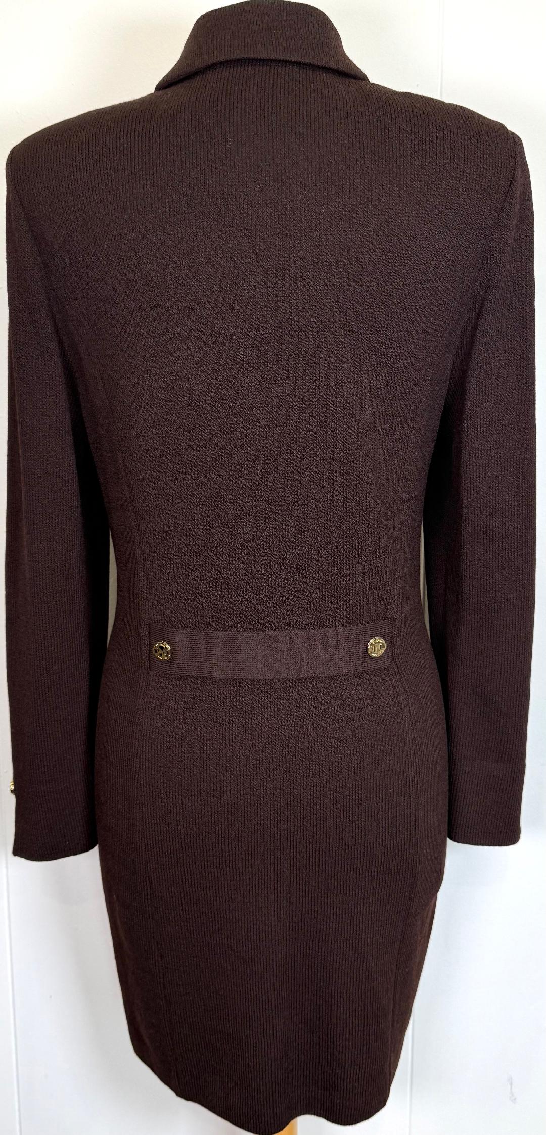 St. John Brown Santana Knit Coat – Gold Logo Buttons – Chain Detail – Size 8