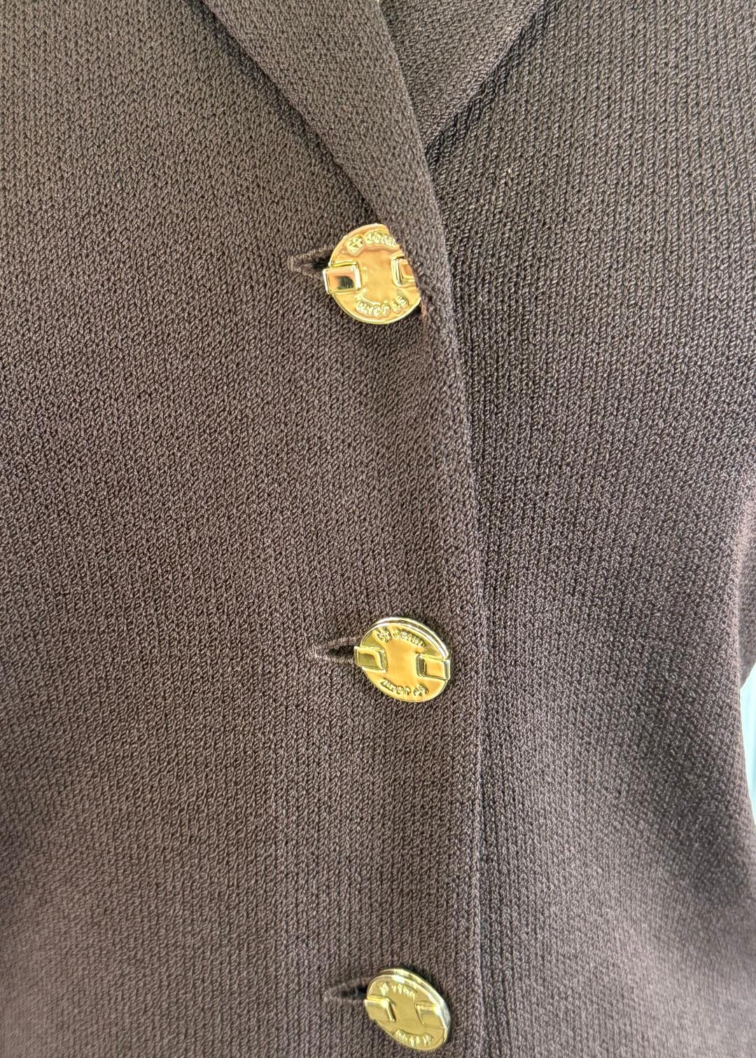 St. John Brown Santana Knit Coat – Gold Logo Buttons – Chain Detail – Size 8